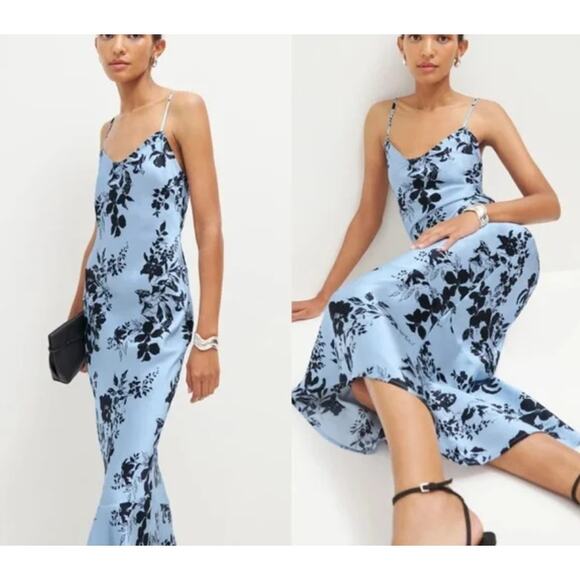 Reformation Womens Parma Floral-Print Silk Dress Blue/Black Size XL